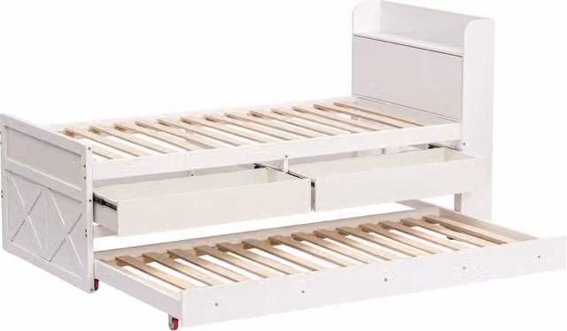 Letto singolo in legno massello di pino 90x190 cm con cassetti estraibili, rete a doghe e comodino con porta USB bianco