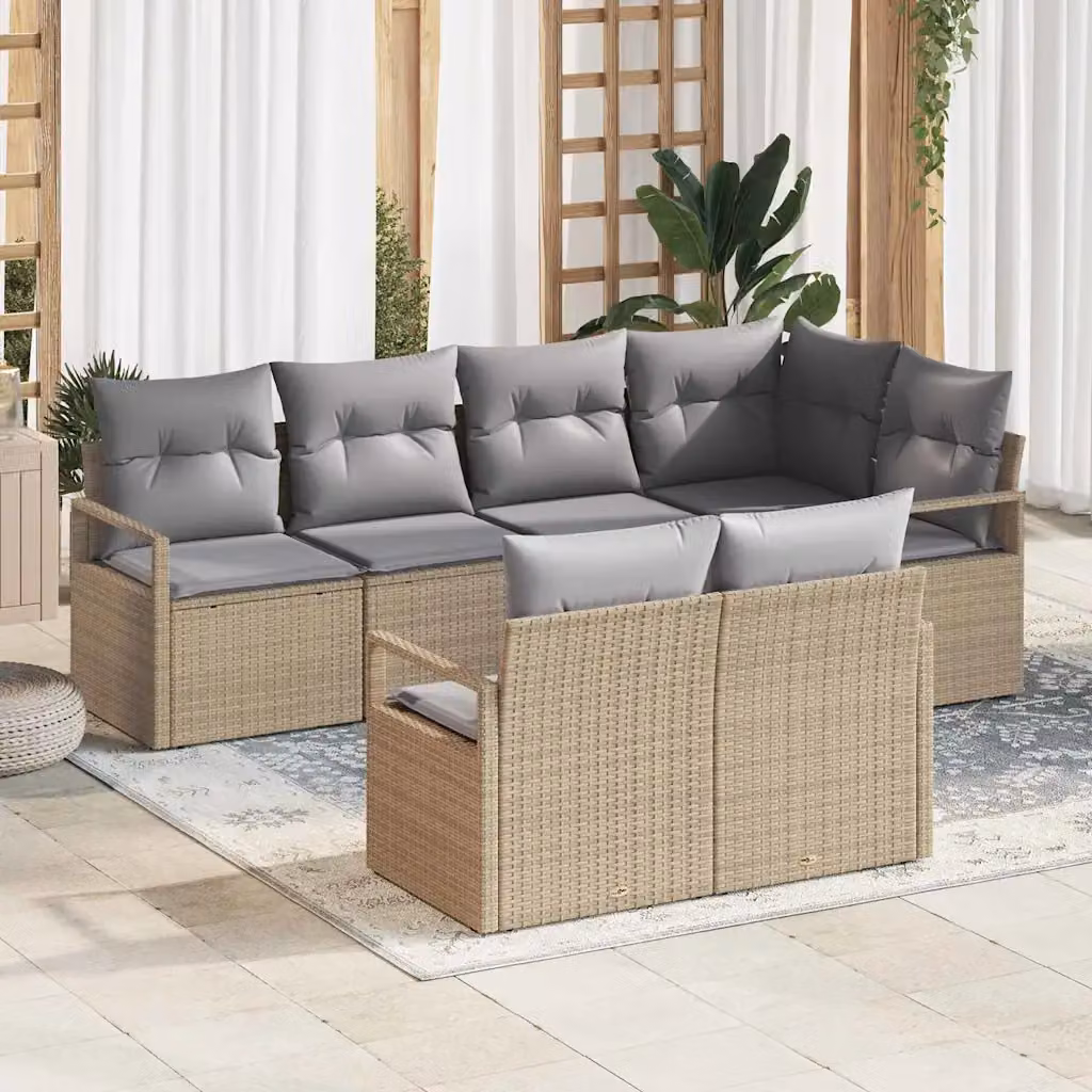 Set di divani da giardino vidaXL a forma di U composto da 7 pezzi in rattan beige con cuscini inclusi e struttura in metallo