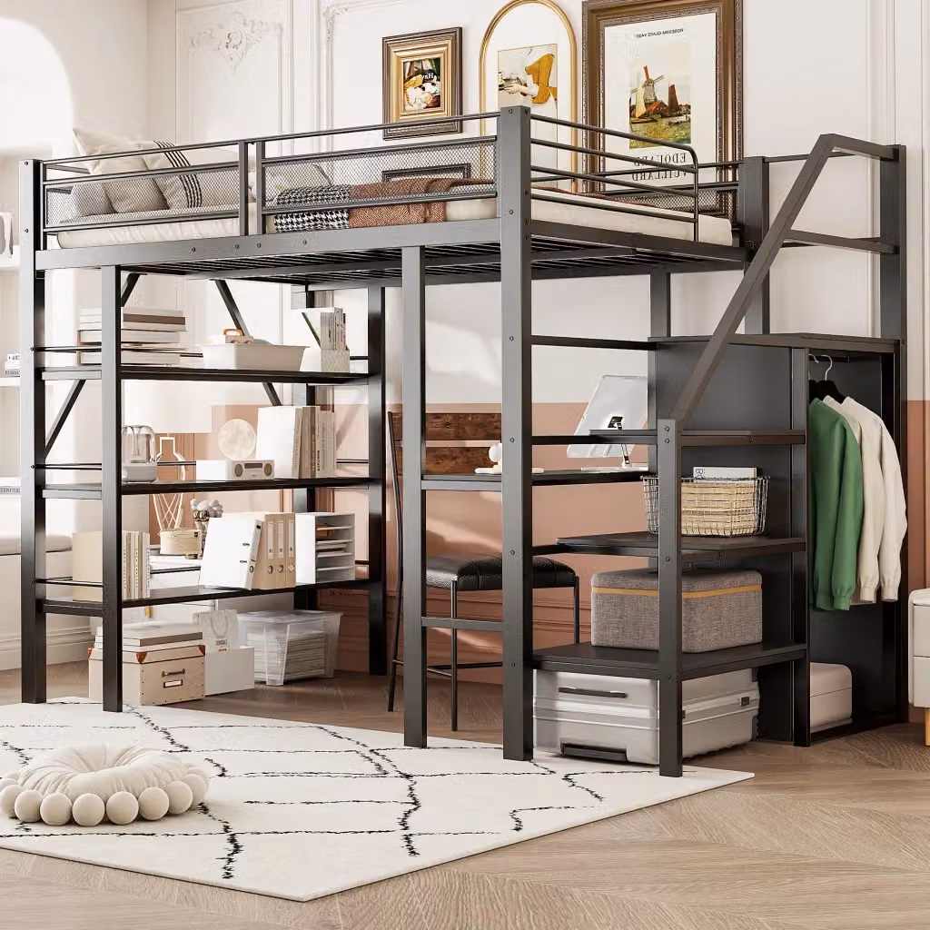 Letto a castello REDOM in metallo nero con scala a gradini e scomparti laterali L/P/H: 200 x 140 x 120 cm – 2