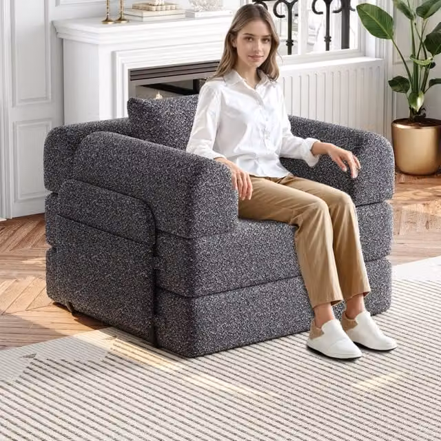Divano Letto 2 in 1 Minimal con Vano Contenitore in Tessuto Chenille Grigio e Struttura in Metallo