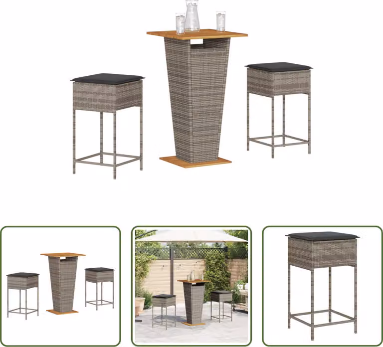 The Living Store Set bar da giardino 3 pezzi con cuscini in poly rattan grigio