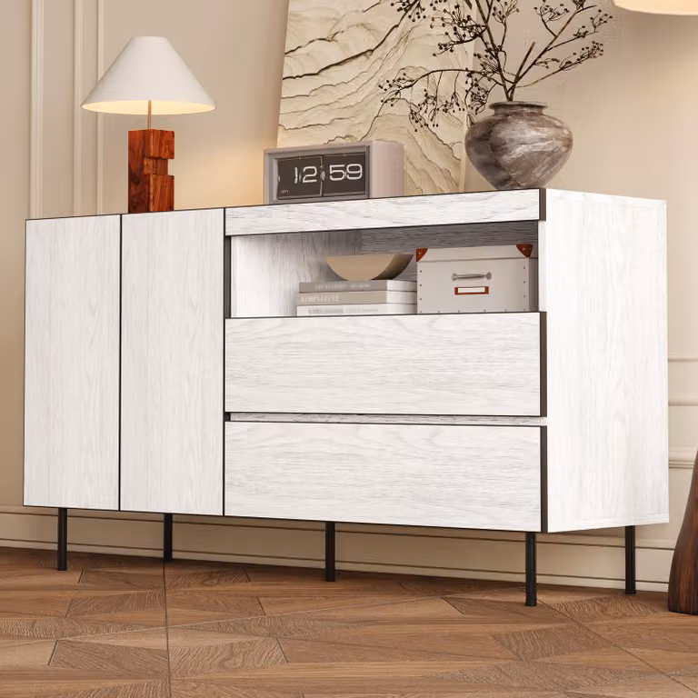 Merax Sideboard con doppie ante e doppi cassetti, mobile contenitore moderno con ripiani aperti, per soggiorno e sala da pranzo, bianco