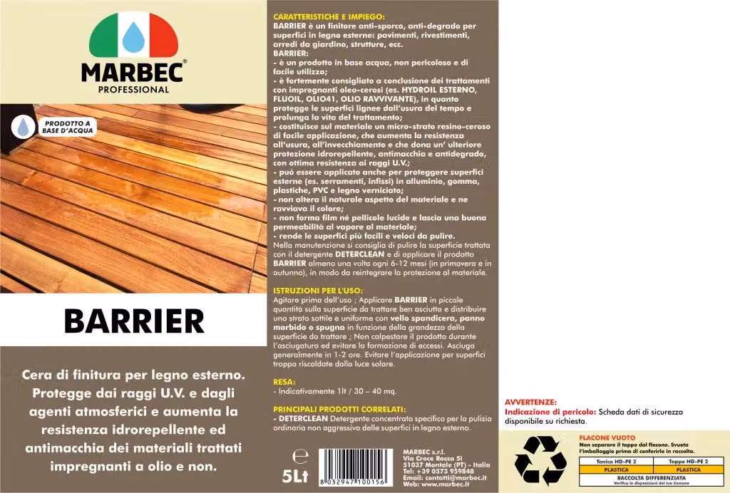 Cera per legno Marbec BARRIER trasparente opaca con protezione UV e idrorepellente 5 l – 2