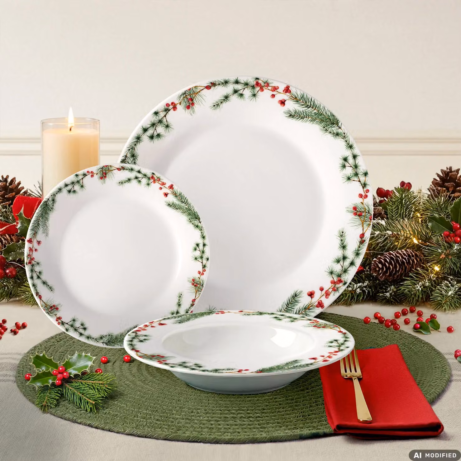 Servizio di piatti natalizio Pure Pine Vestiamo Casa in porcellana, 12 pezzi, decorazione floreale bianco, verde e rosso – 2