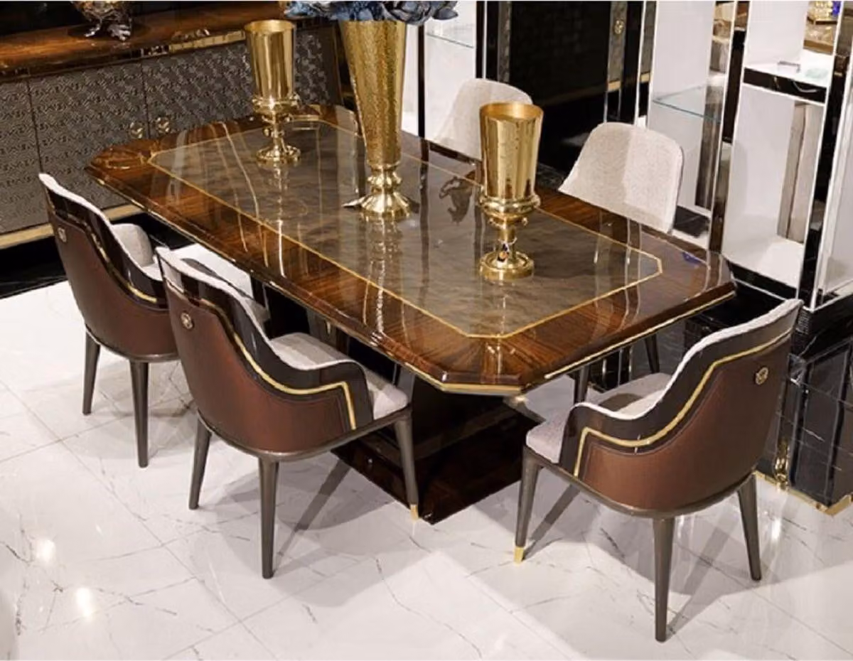 Casa Padrino Tavolo da pranzo Grigio / Marrone / Oro 226 x 112 x H. 70 cm - Tavolo da cucina rettangolare in legno massello - Mobili da sala da pranzo - Mobili - Collezione lusso