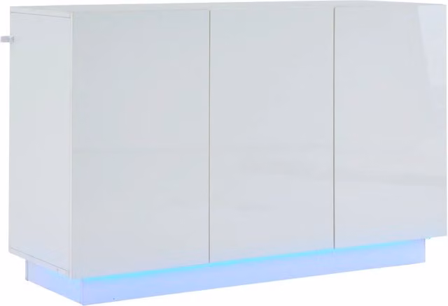Sideboard bianco lucido con luci LED, 120x40x75 cm, armadio con ripiani regolabili e porta a chiusura ammortizzata