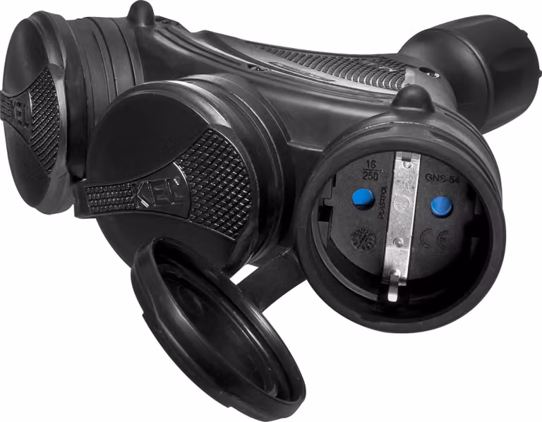 Presa Plastrol a 3 prese con capocorda ermetico; 3x2p+Z; IP44; EXTREME; SCHUKO; spellata; NERO