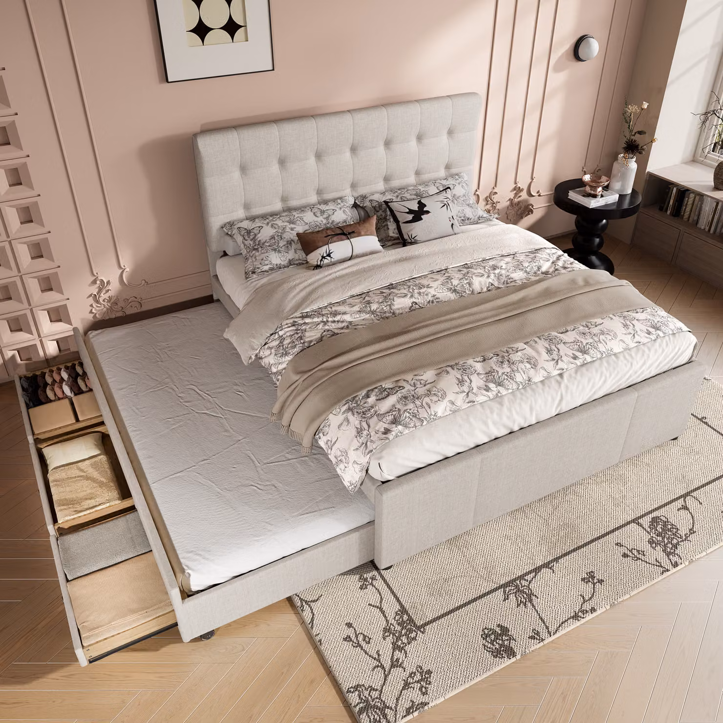 STILVORA Letto imbottito 140x200, letto per ragazzi con 3 cassetti, letto matrimoniale con letto a castello estraibile e poggiatesta regolabile, con 3 cassetti multifunzione, color beige (senza materasso)