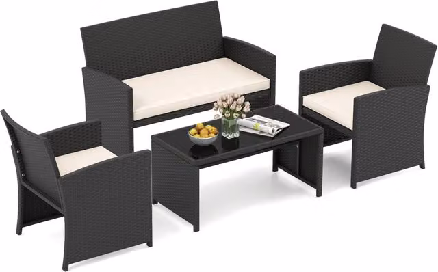 Set Mobili da Giardino 4 Pezzi in Rattan Bianco con Tavolino in Vetro Temperato e Cuscini Sfoderabili, per Esterno Balcone e Terrazzo