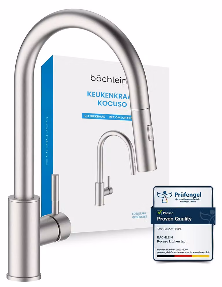 Rubinetto da cucina, estraibile, in acciaio inossidabile spazzolato, monoblocco, girevole a 360°