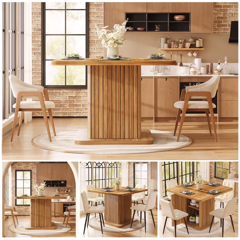 Tavolo quadrato da pranzo, 80x80 cm, con spazio contenitivo integrato, decorazioni a rilievo verticali, design moderno