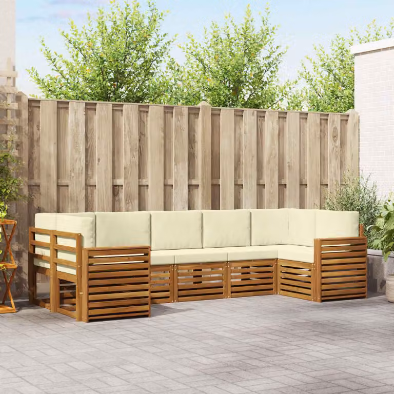 Set di divani da esterno vidaXL 7 pz in legno di acacia con cuscini, colore beige e marrone, design moderno a L con orientamento destro