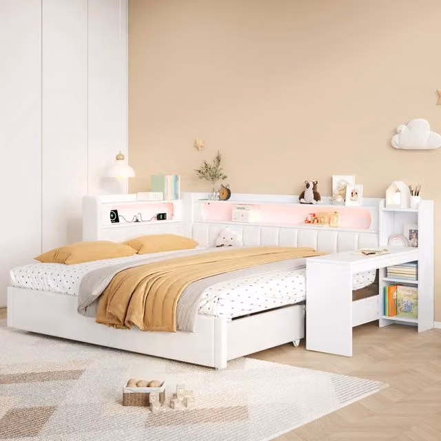 Letto estensibile da 90x200 cm a 180x200 cm con scrivania, illuminazione LED sottostante e porte USB in MDF bianco opaco