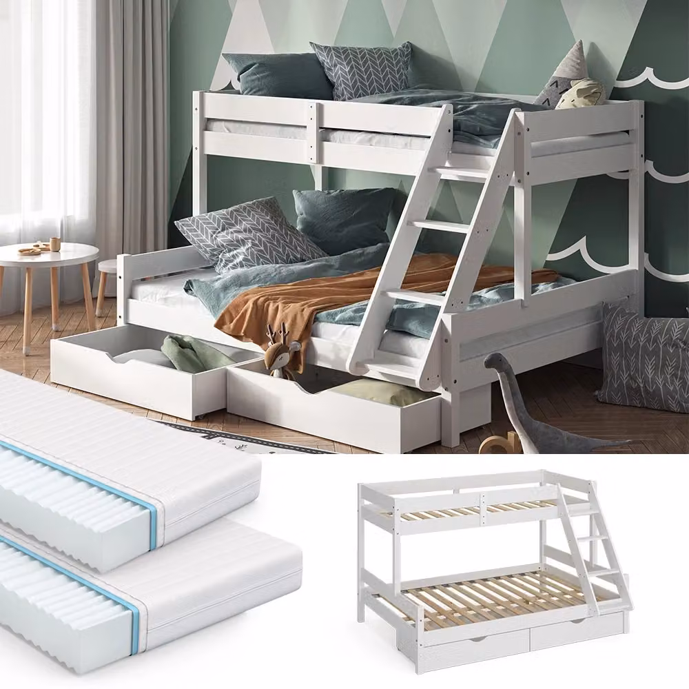 Letto a castello Everest Vitalispa in legno di pino bianco con 2 materassi e 2 cassetti L/P: 140x200 cm e 90x200 cm – 2