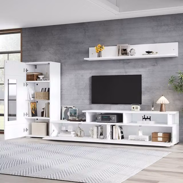 Desviae Parete attrezzata TV con vetrina e mensola LED controllate tramite app in truciolare bianco per il soggiorno