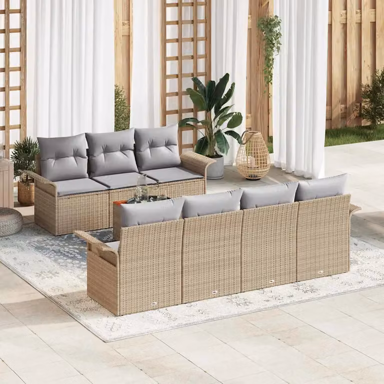 Set Divano da Giardino vidaXL 8 Pezzi Beige con Cuscini e Tavolino in Polyrattan e Acciaio