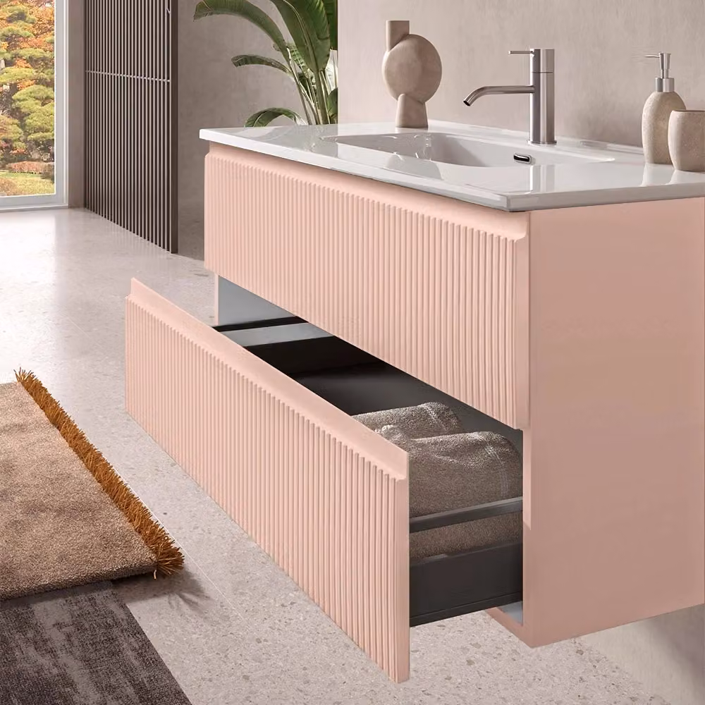 Mobile bagno sospeso Inbagno Giava rosa opaco con frontale cannettato L: 101 cm – 2