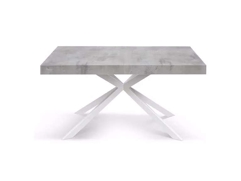 Tavolo CAMAIORE in legno, finitura grigio cemento e base a X in metallo bianco, allungabile 140×90 cm - 220×90 cm