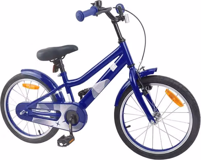 Bicicletta per bambini da 18 pollici blu con struttura in metallo e pneumatici in gomma