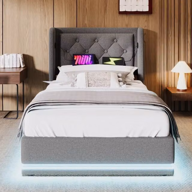 Letto imbottito singolo contenitore ¨C Minimal ¨C Grigio tessuto 90x200 cm testiera LED USB-C idraulico
