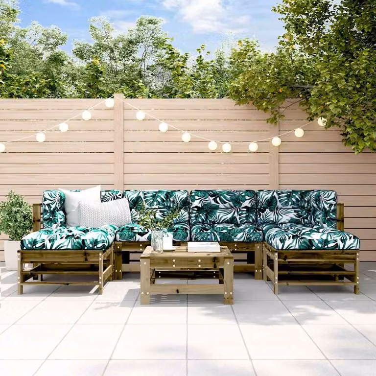 Set Salotto da Giardino vidaXL 7 pz in Legno di Pino con Cuscini Floreali, Colore Marrone e Verde