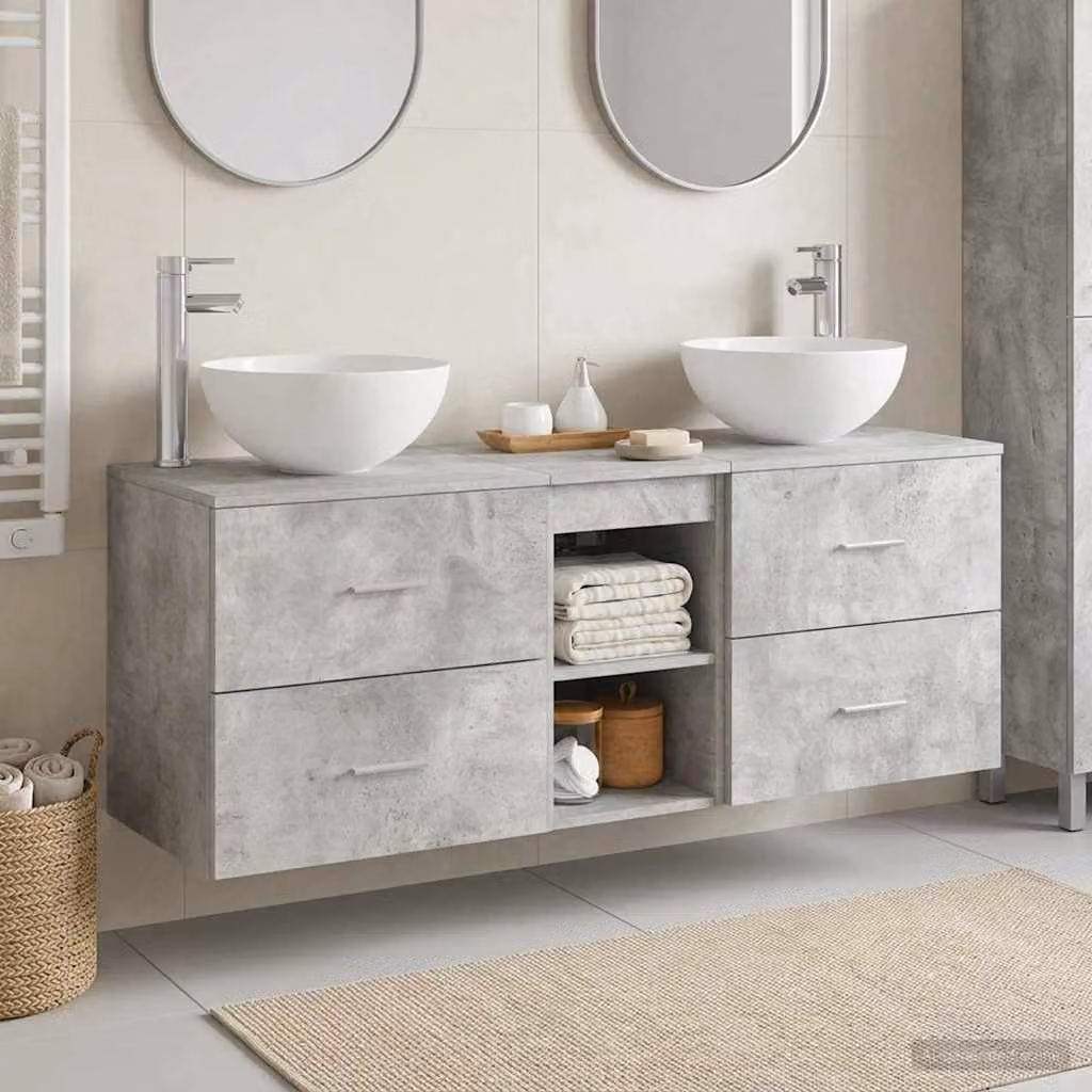 Set di 3 mobili da bagno sospesi vidaXL in legno e metallo grigio L: 129 cm, P: 35 cm, H: 80 cm