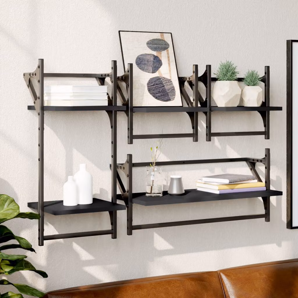 Set di 4 mensole da parete vidaXL in legno multistrato e metallo nero stile industrial