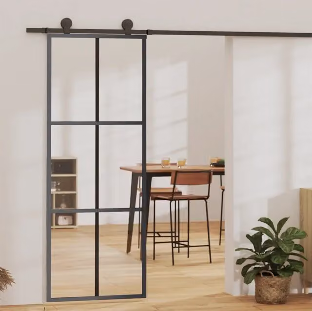 Porta Scorrevole in Vetro Trasparente e Alluminio vidaXL Stile Industrial, Colore Nero, L: 76 cm, H: 205 cm – 1