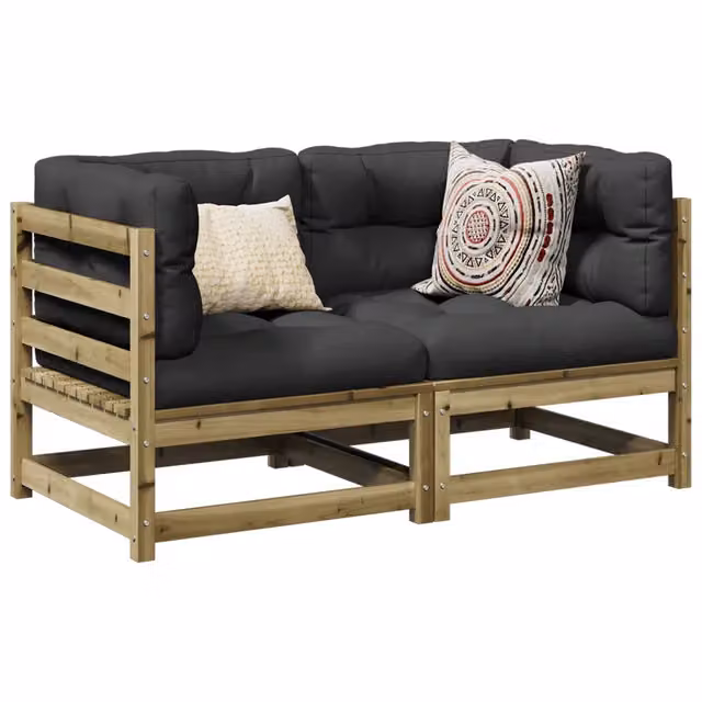 Set di divani da giardino a L vidaXL in legno di pino con cuscini grigi