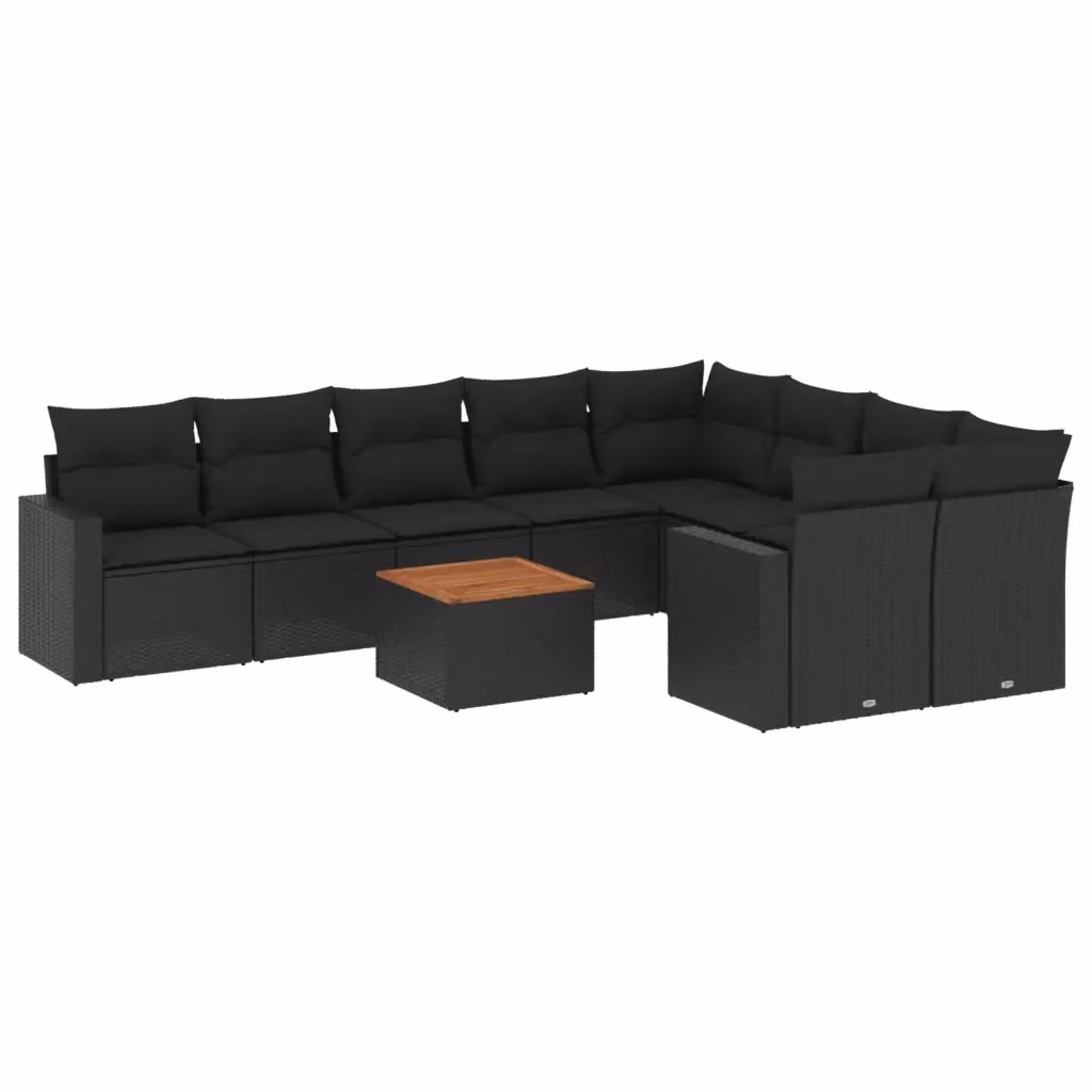 vidaXL Set Divani da Giardino 10 Pezzi in Polyrattan e Legno di Acacia con Cuscini Neri – 2