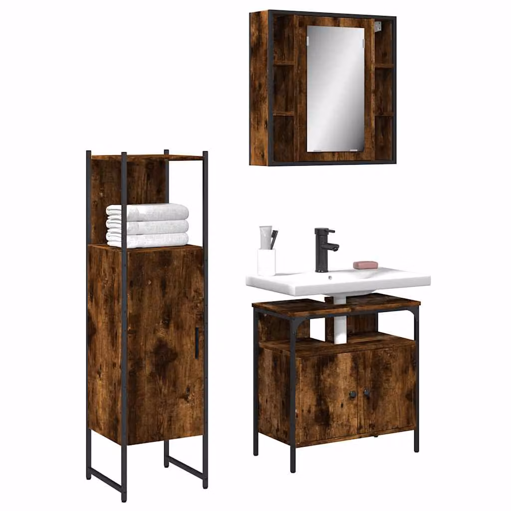 Set di mobili da bagno vidaXL 3 pezzi in legno marrone stile industriale composto da mobile sottolavabo, pensile con specchio e colonna alta – 1