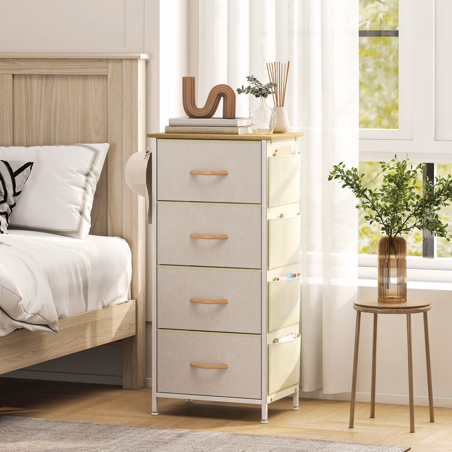 Cassettiera pieghevole HOMCOM con 4 cassetti, 4 tasche e 2 ganci, in legno, acciaio e tessuto, beige, L 45 cm x P 30 cm x H 94.5 cm – 2