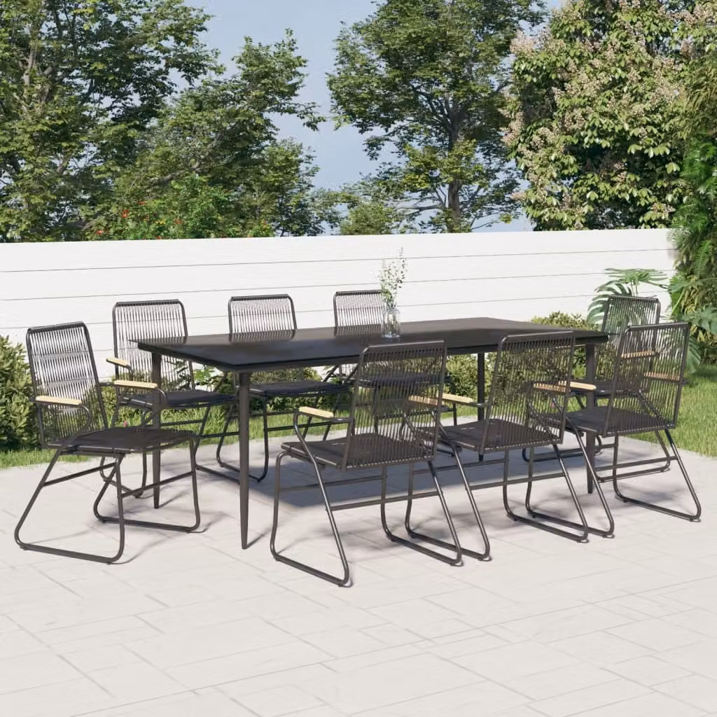 The Living Store Set da pranzo da giardino 9 pezzi in rattan PVC nero