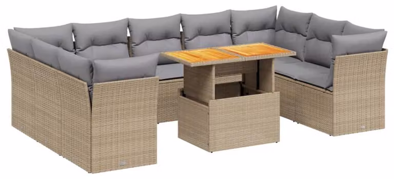 Set da salotto da 10 pezzi, color beige, in rattan sintetico - 10 posti a sedere - Realizzato in rattan in polietilene e acciaio verniciato a polvere