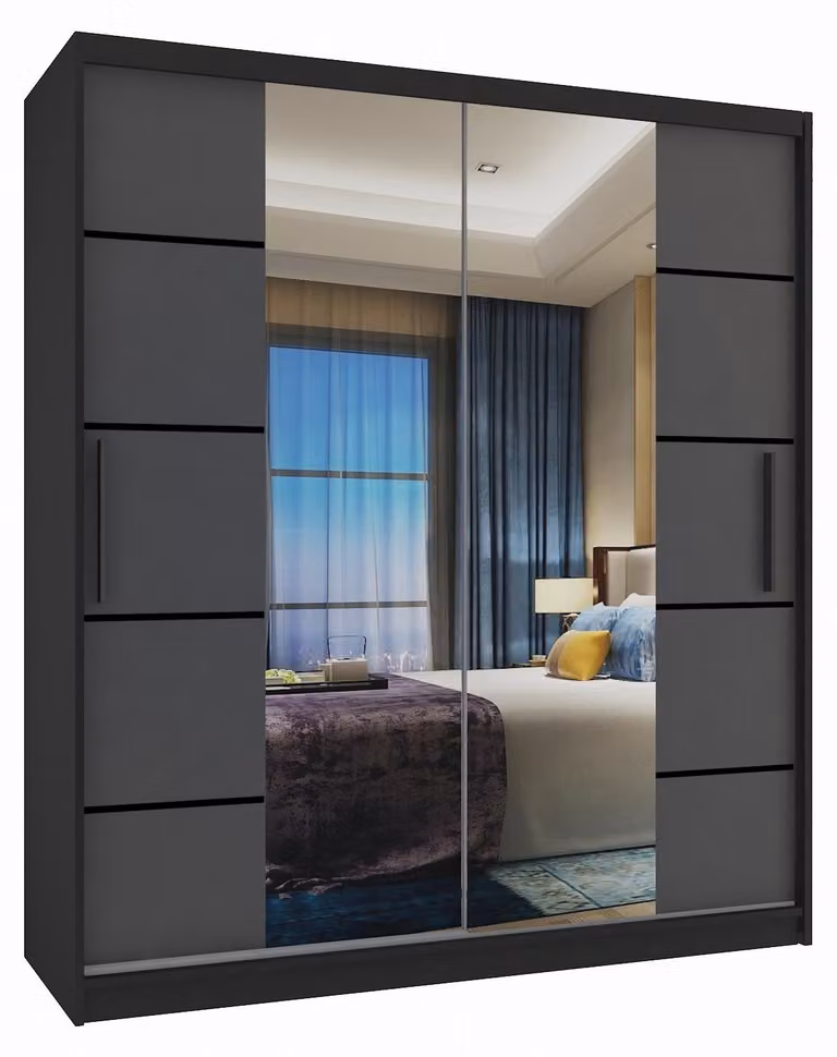 BELINI Verona, armadio scorrevole da 133 cm, nero/grigio opaco - armadio con specchio e 2 cassetti, ideale per la camera da letto