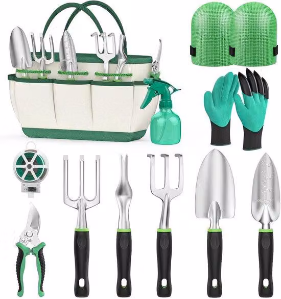 Set di attrezzi da giardino Unyqoos® da 11 pezzi – 10 utensili + borsa portaoggetti da 12 pollici, realizzata in lega di alluminio resistente, tessuto Oxford 600D, impugnature antiscivolo con foro per appendere