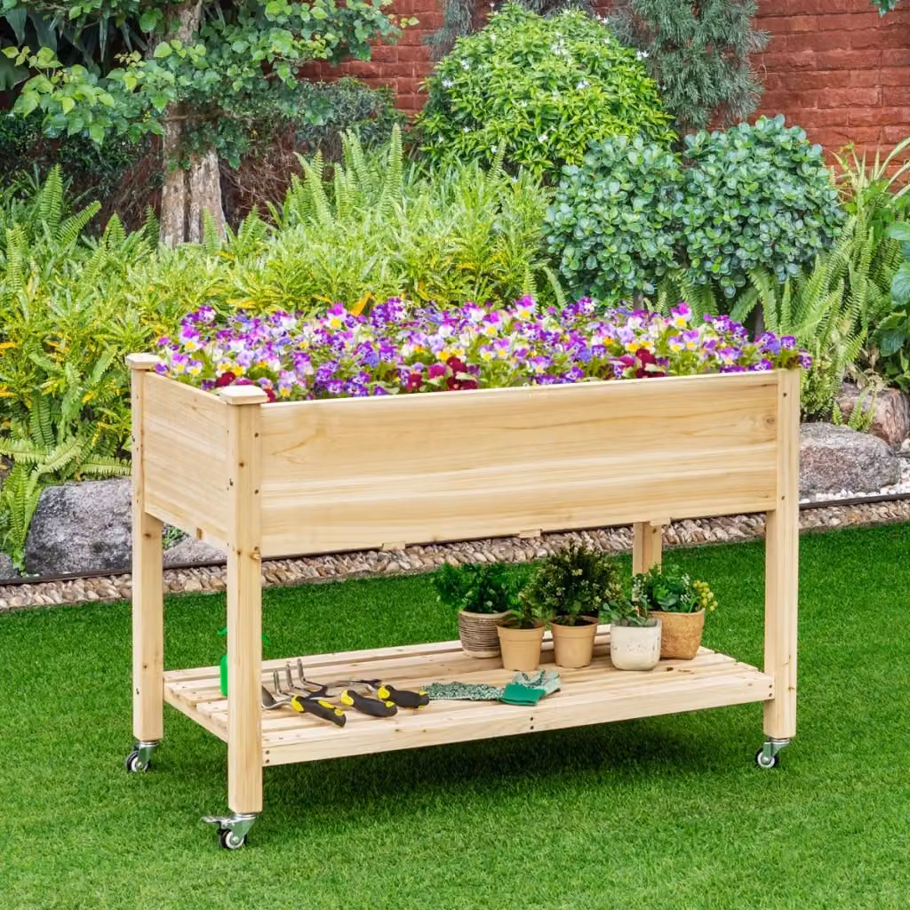 Fioriera mobile rialzata DESIGN IN in legno marrone con ruote bloccabili e rivestimento protettivo per orto e giardino L: 120 cm, P: 59 cm, H: 84 cm – 2