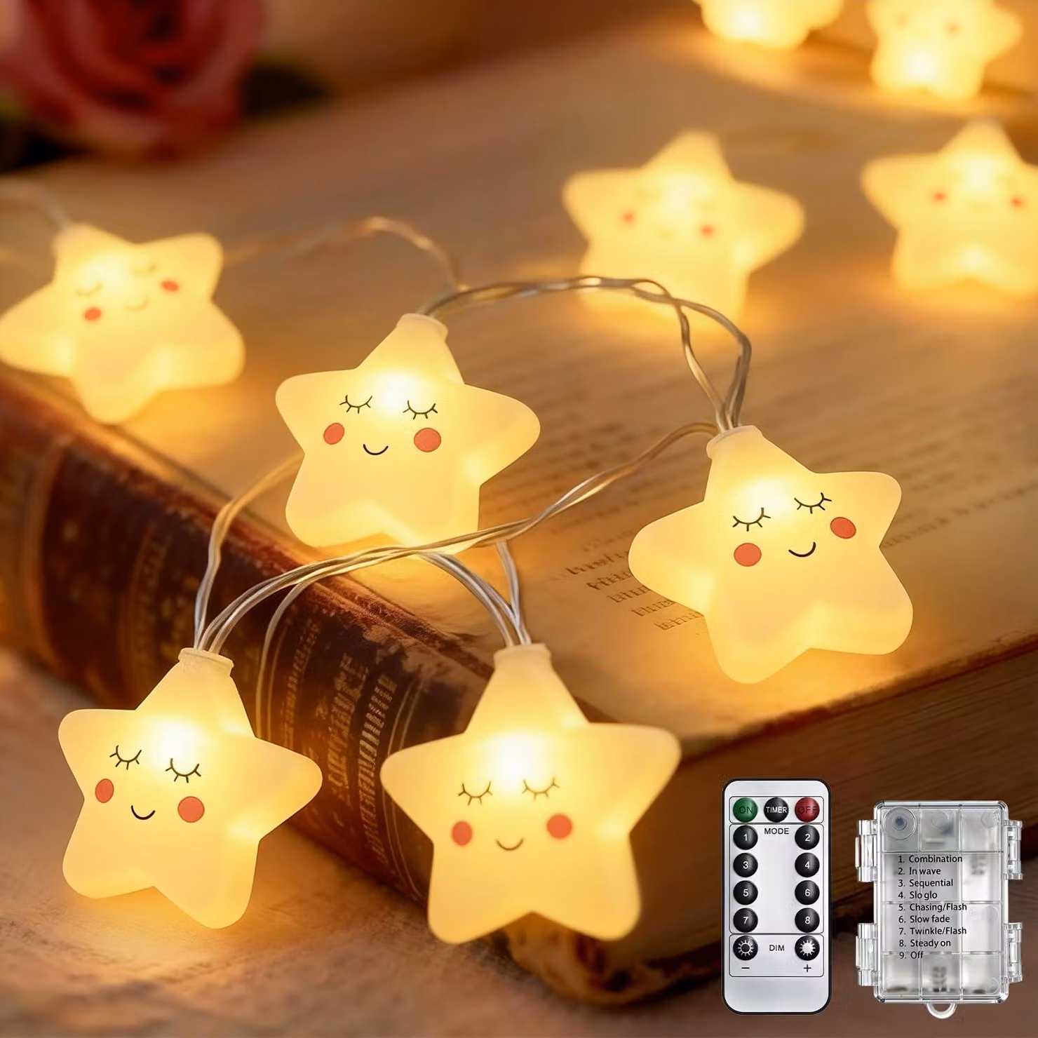 Catena luminosa con stelle, 3 metri, 20 LED, luce bianco caldo, 8 modalità