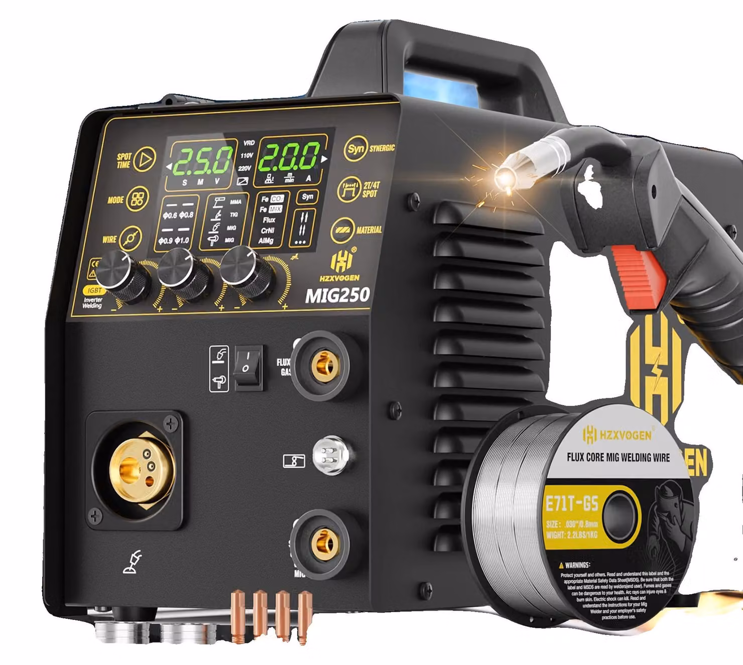 Saldatrice multifunzione, 6 in 1, controllo sinergico avanzato, modello MIG250, alimentazione 220V-240V, spina di tipo europeo