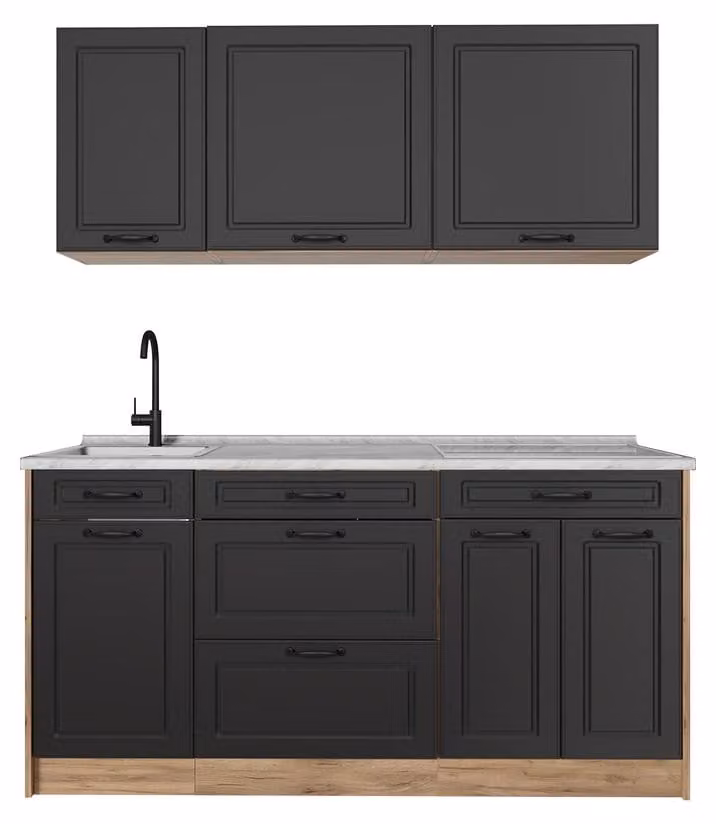 Cucina monoblocco Vicco R-Line Antracite country/Rovere dorato 160 cm piano di lavoro Marmo, Model 67732
