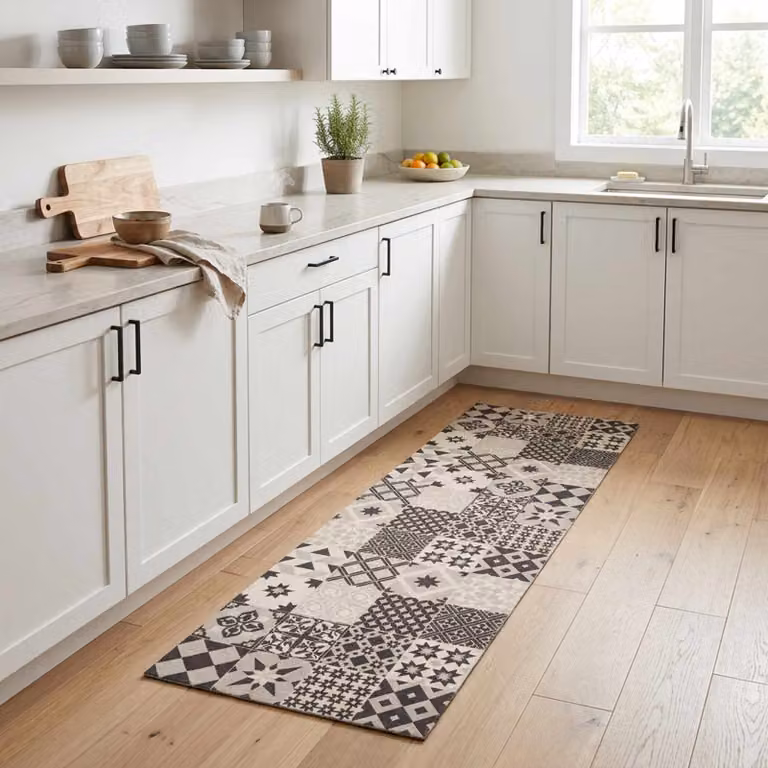 Tappeto da cucina vidaXL con motivo mosaico grigio, lavabile e antiscivolo, L: 150 cm, P: 45 cm, 100% poliammide