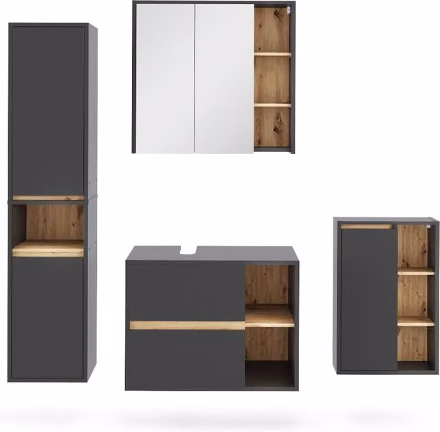 Set di mobili da bagno Viola Grigio/Rovere artigianale 4 pezzi Vicco