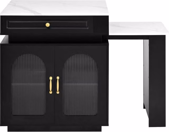 Isola Cucina con Ruote e Tavolo da Pranzo Allungabile; Tavolo Bar con Prese e LED; Nero