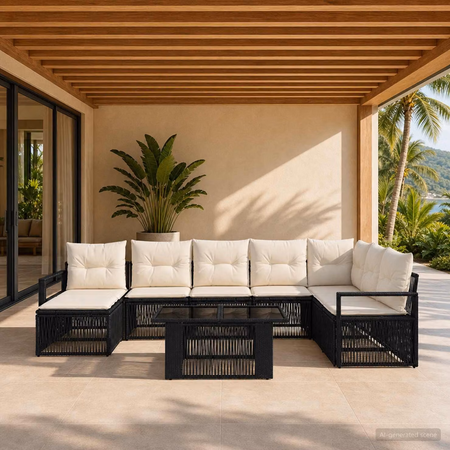 Set Divano da Giardino vidaXL 9 pz in Polyrattan Nero e Bianco Crema con Cuscini e Tavolino