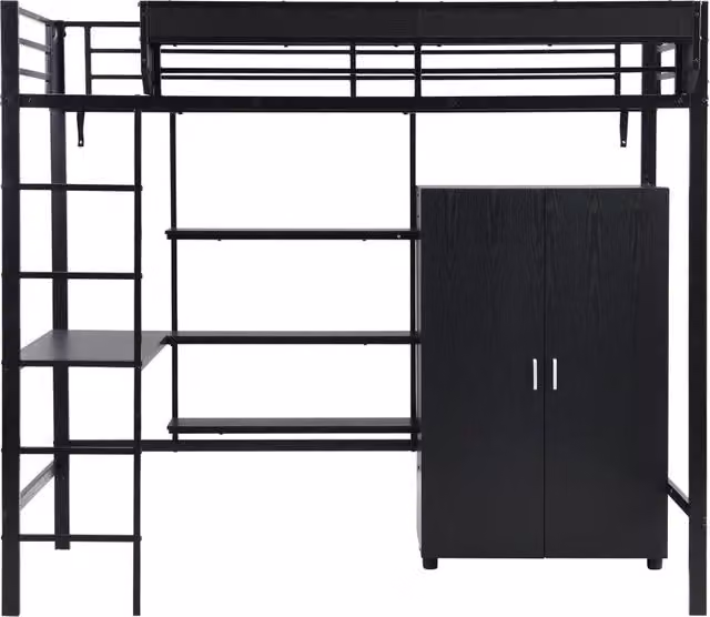 Letto a castello per bambini e ragazzi 90x200 cm con scrivania, armadio e scaffali, struttura in metallo nero