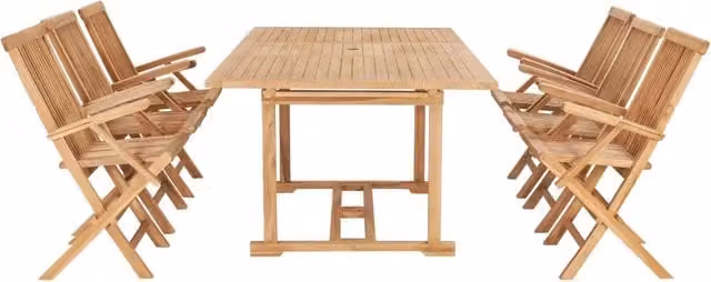 Set da pranzo per esterni vidaXL in teak massello marrone con tavolo estensibile, 7 pezzi, L: 150-200 cm, P: 100 cm, H: 75 cm