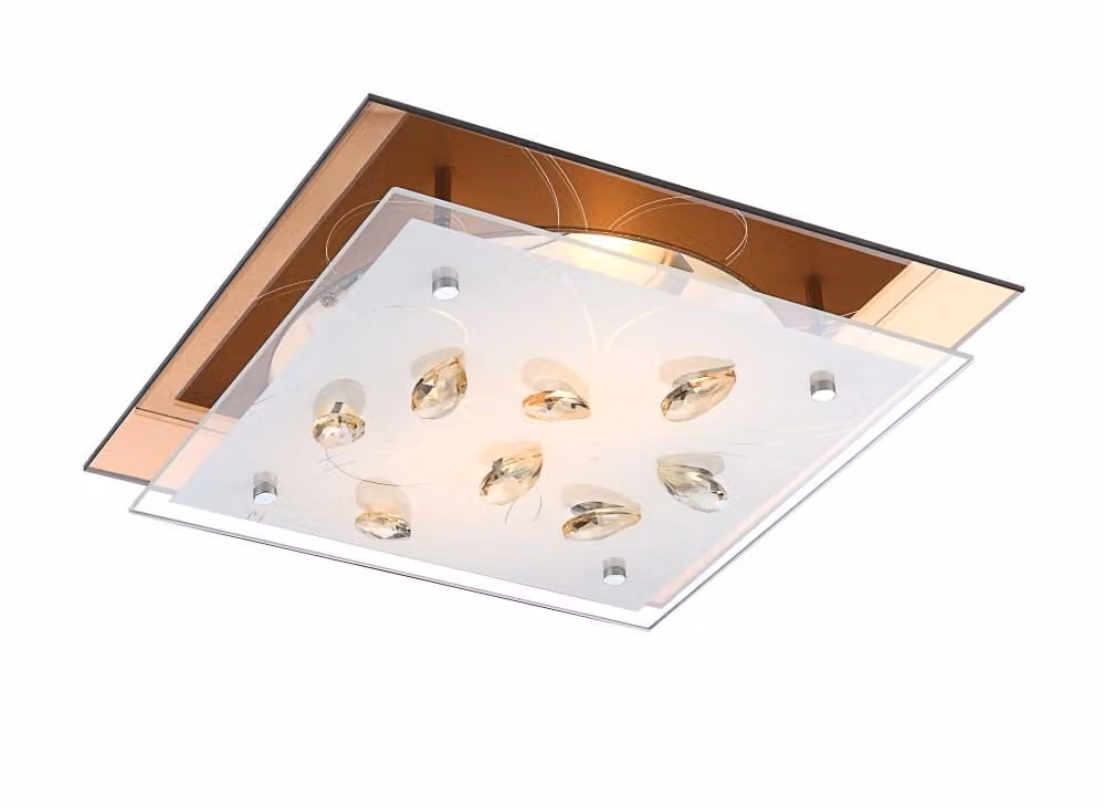 Globo Lighting plafoniera in metallo bianco, vetro ambra, vetro opale, cristalli K5, vetro inferiore ambra, LxLxH: 335x335x85mm, escl. 2x E27 ILLU 40W 230V