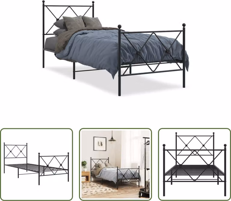 The Living Store Struttura letto con testiera e pediera in metallo nero 75x190 cm