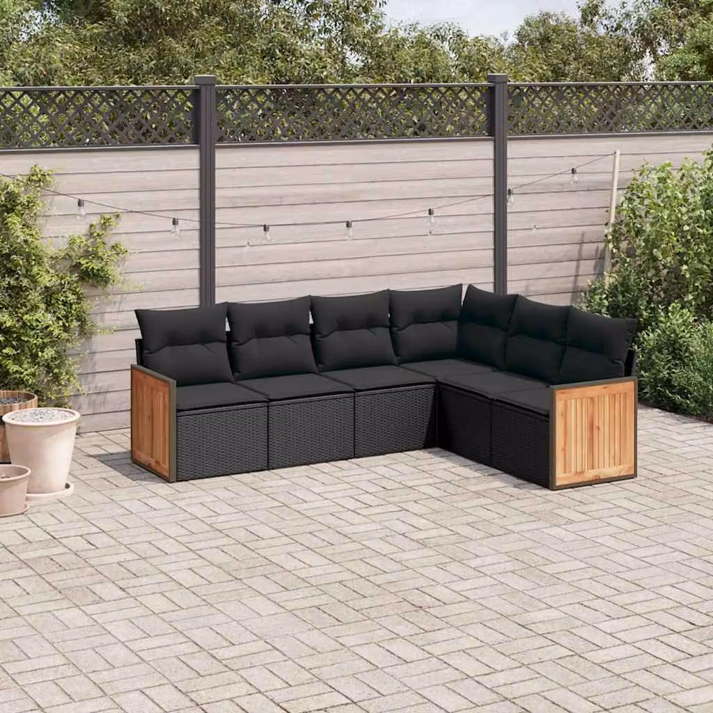 Set Divano da Giardino vidaXL 6 pz a Forma a L in Polyrattan Nero con Cuscini Imbottiti e Coperture Rimovibili – 1