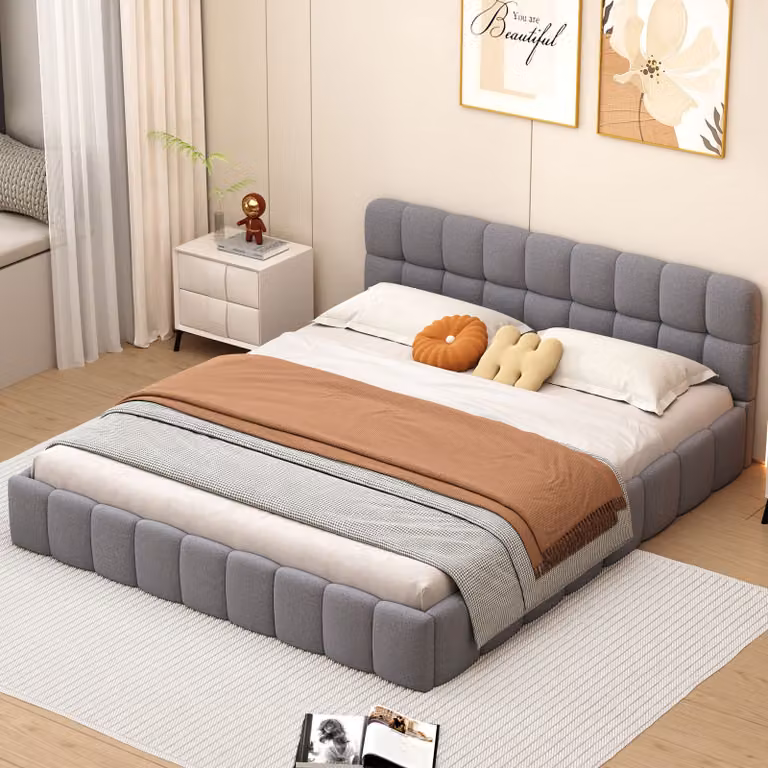 Letto imbottito ProximaX 140 x 200 cm，Letto per ragazzi, letto matrimoniale, schienale morbido, letto piatto con bordo imbottito, rete a doghe in lino beige (senza materasso)